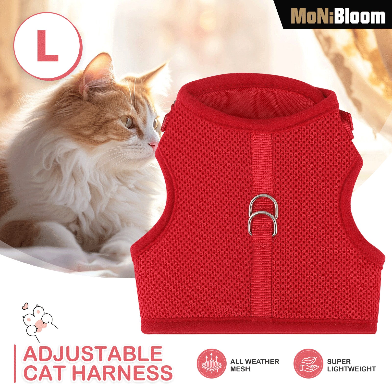 Red Large Escape Proof Cat Pet Harness Soft Mesh Adjust