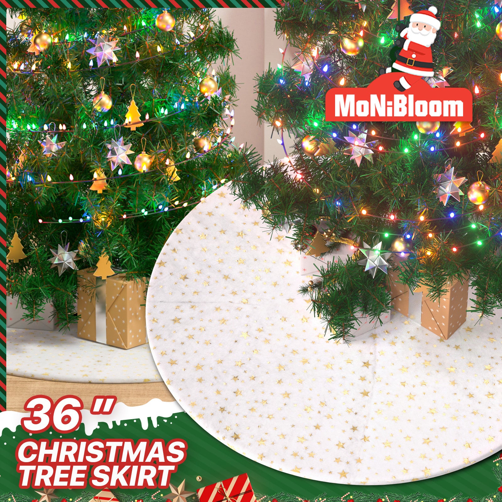 36 Inch Christmas Tree Skirt Gold Stars Pattern Xmas Tr