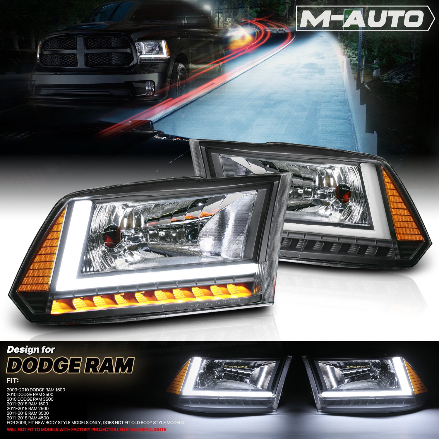 For 2009-2018 RAM 1500 2500 3500 LED DRL Headlight Lamp