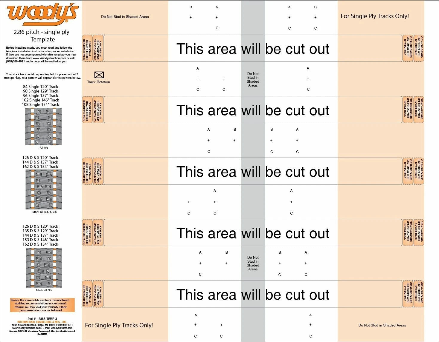 Woodys Studding Template 2.86 For 2-ply Snow Tracks 120-154 Inches