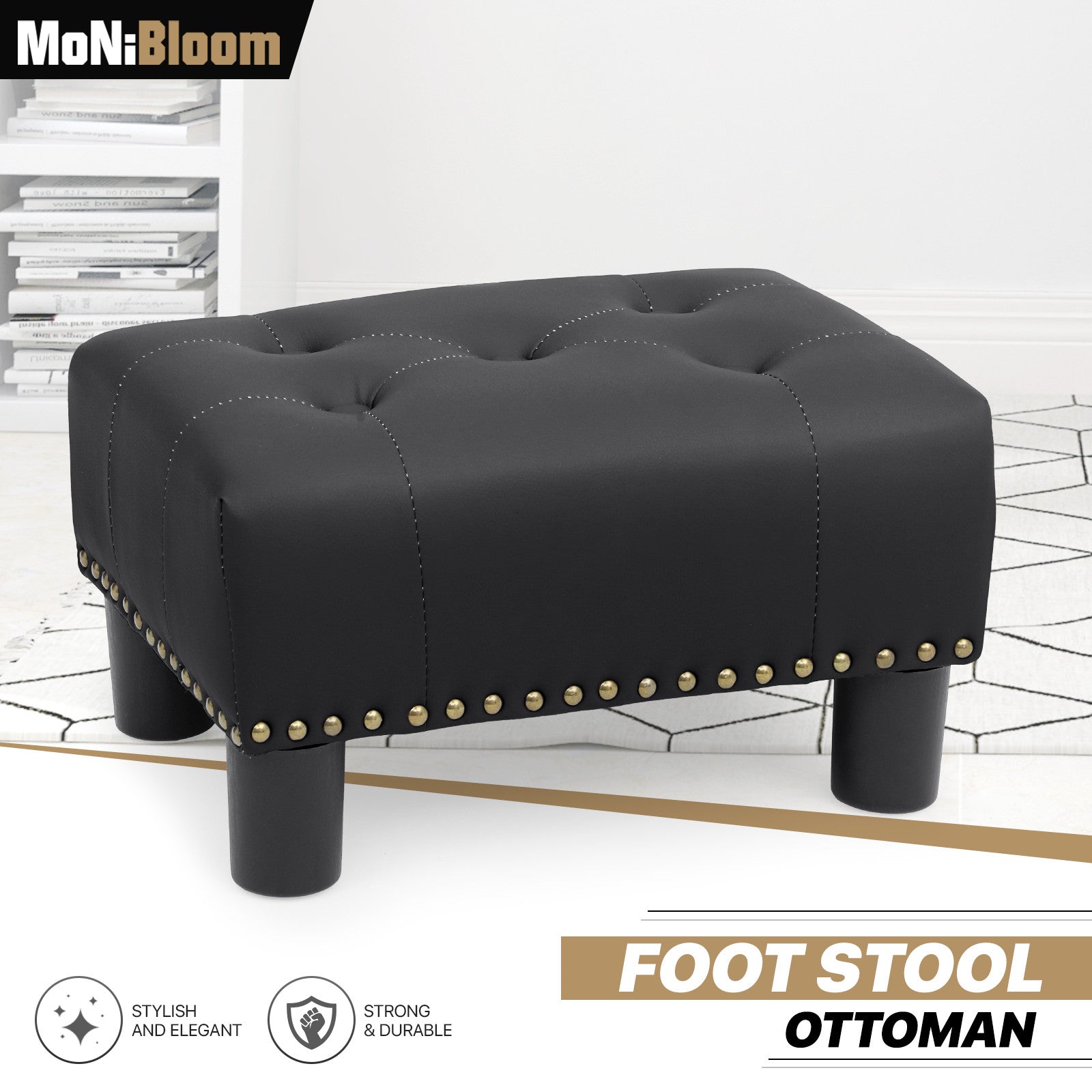 15" Black Leather Ottoman Bench