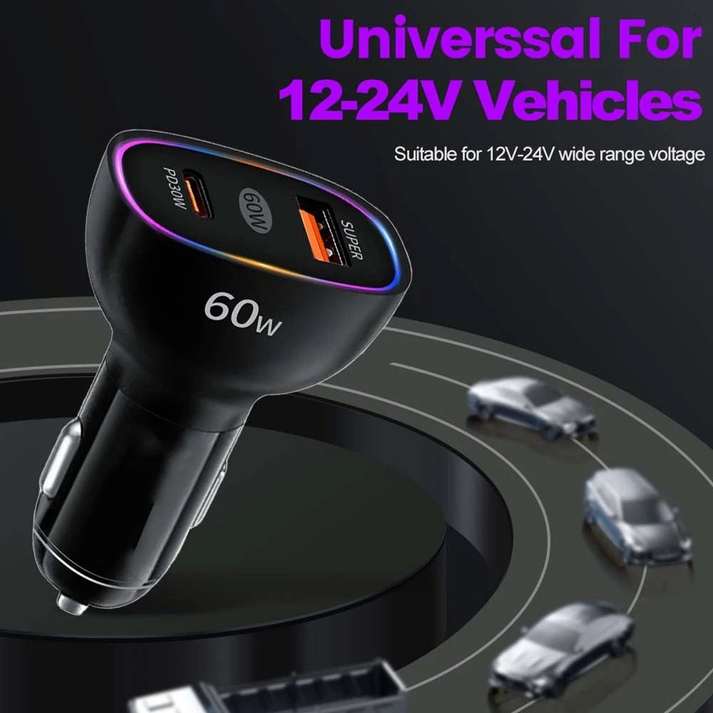 60W 3a Car Charger Dual Pd30w+pd30w Forqc3.0 Fast Charging