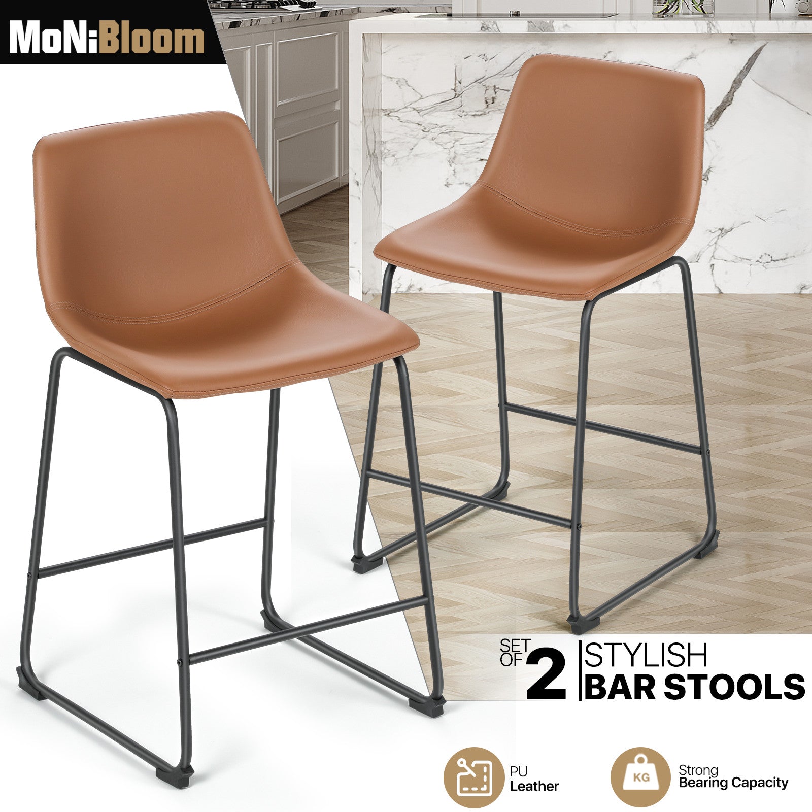 Set of 2 Bar Stool PU Leather Modern Counter Height Sea