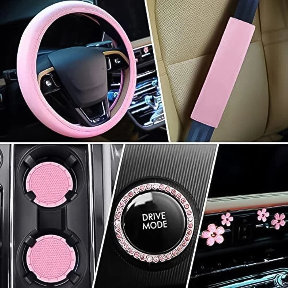 Elegant Car Accessory Set Featuring Rhinestone Sticker And Cup Holders