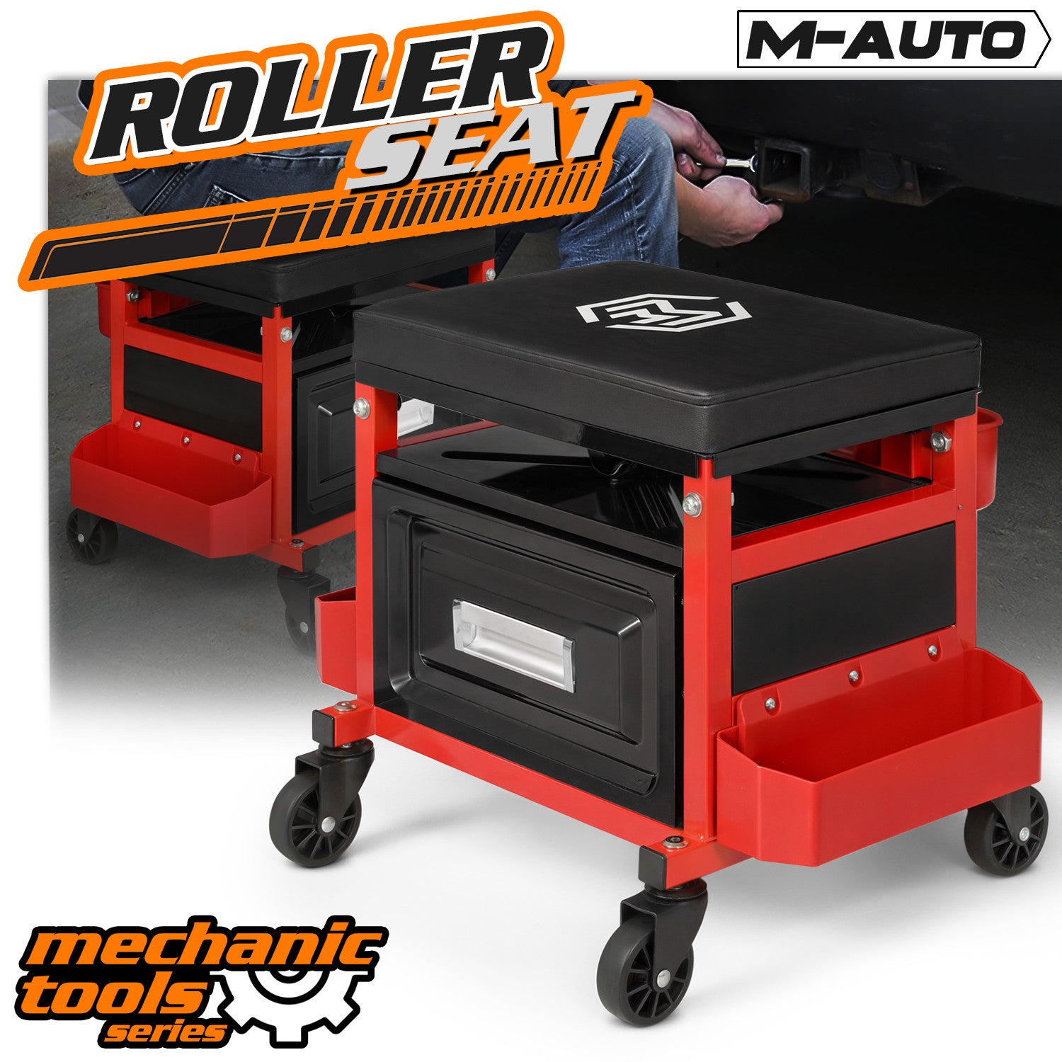 Rolling Garage Shop Work Stool with Tools Tray