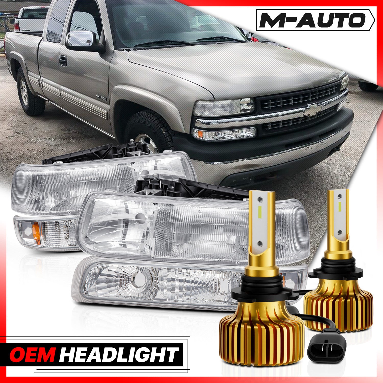 L+R Crystal Headlight+Bumper w/6500K LED Bulbs for 1999