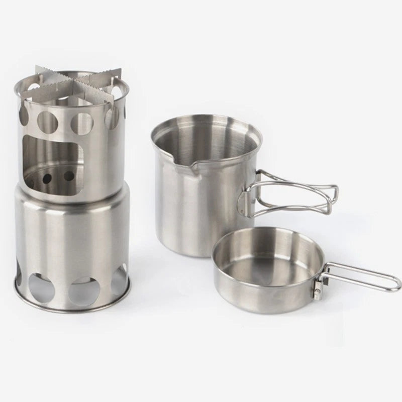 304 Stainless Steel Outdoor Camping Cookware Set Wood Stove Hiking