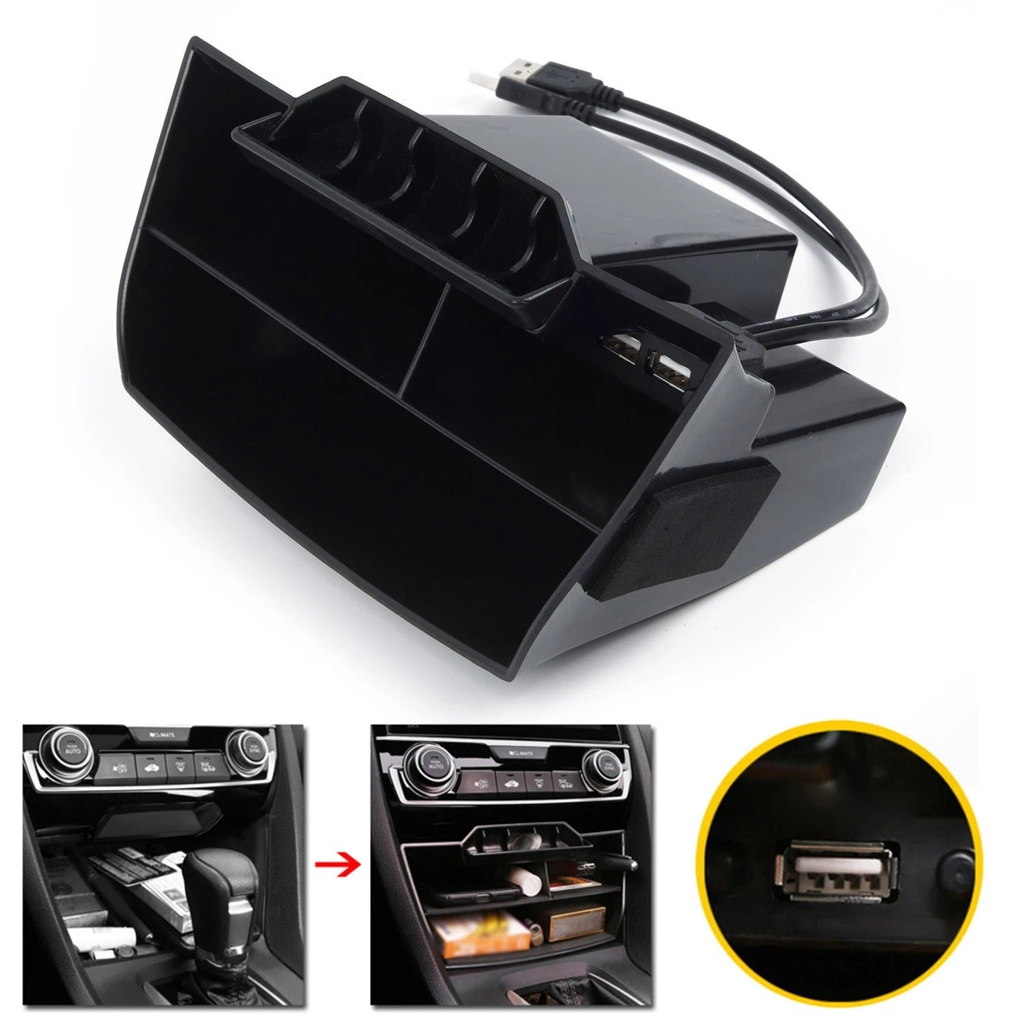 1x For Interior Center Console Storage Box W/ Usb Ports For Civic