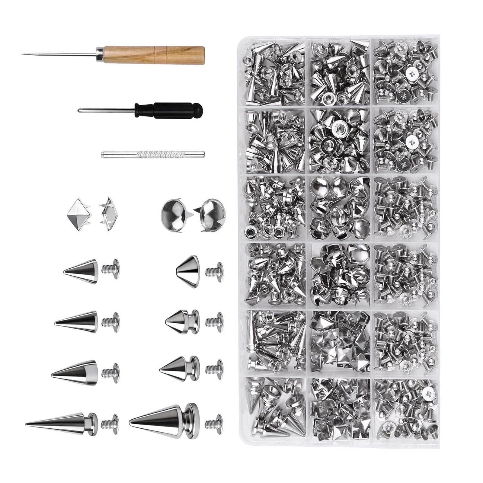 Assorted Metal Spikes And Studs Punk Hardware Complete Kit With Tools