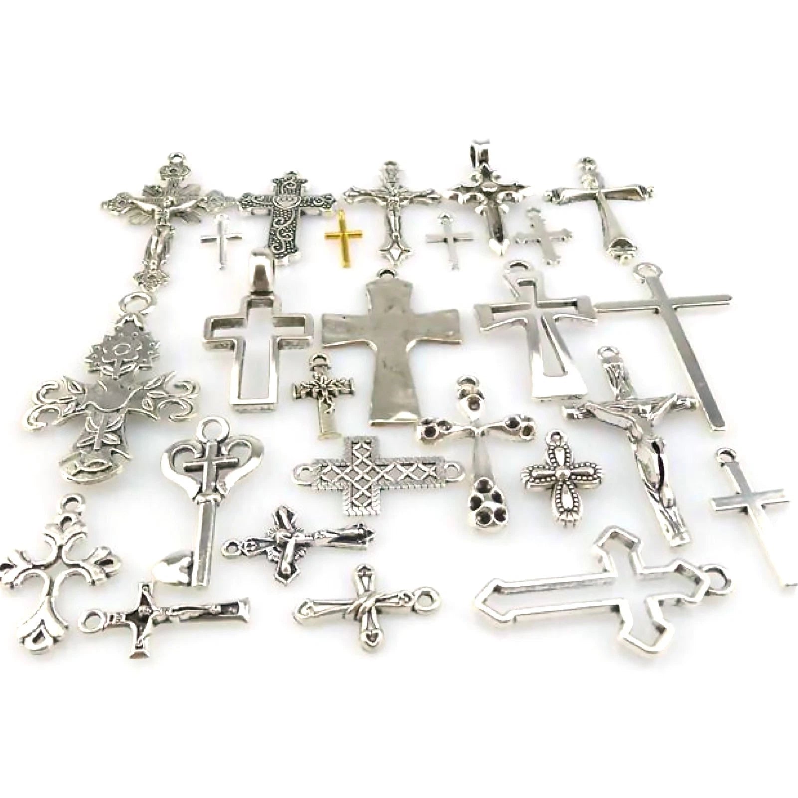 25* Mix Cross Pendant Vintage Antique Silver Tone Alloy Faith