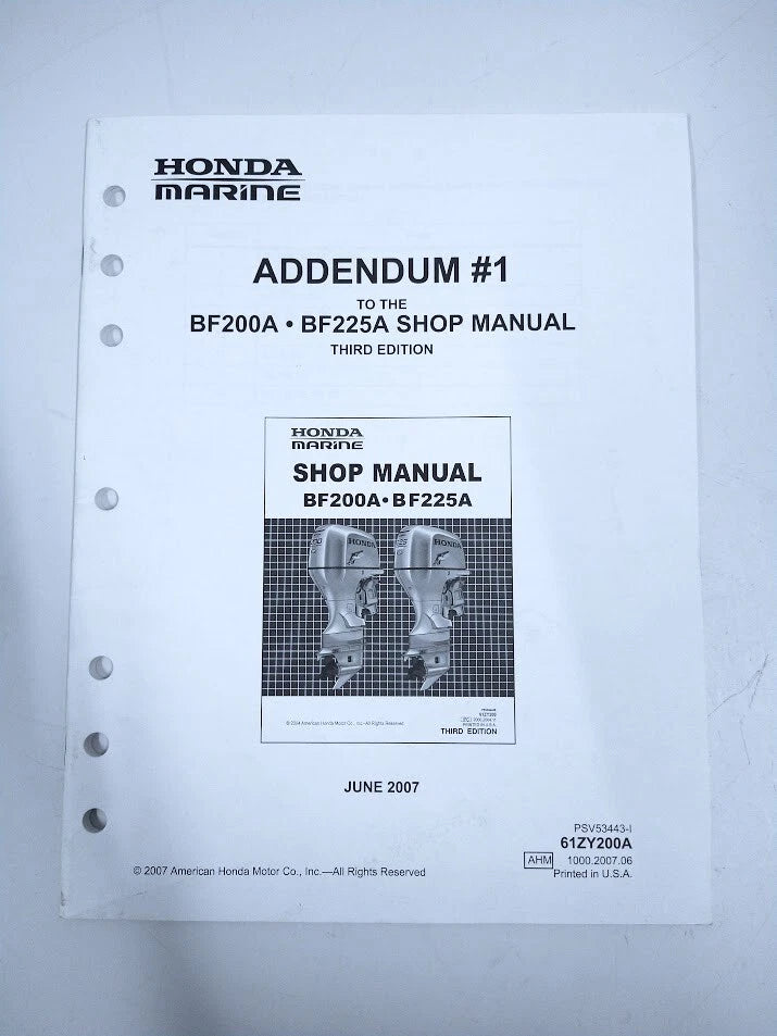 Honda Marine Psv53443-1, 61zy200a Addendum #1 3rd Edition Shop Manual