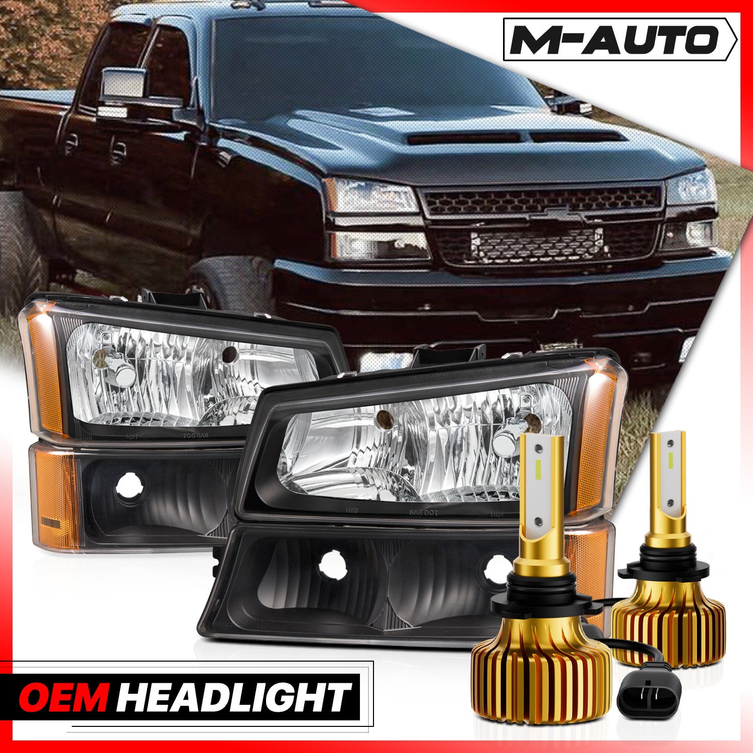 Black Replacement Headlight & 6500K LED Bulb for Chevy