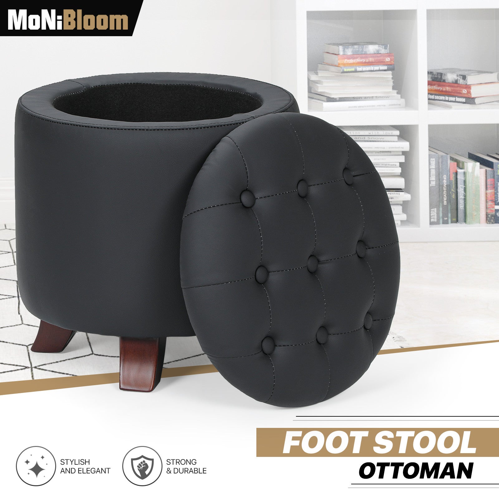 17" Black Round Storage Ottoman