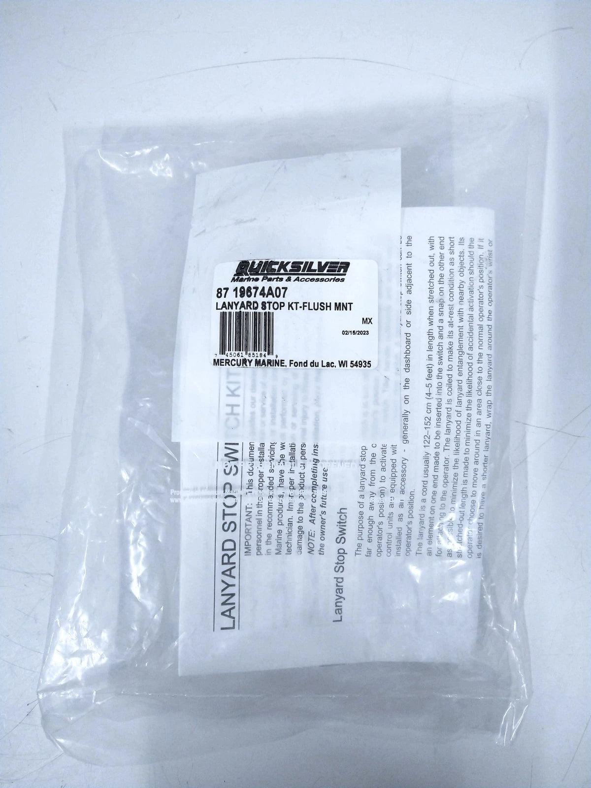 Mercury Quicksilver 87-19674a07 , Flush Mount Lanyard Stop Kit , Oem