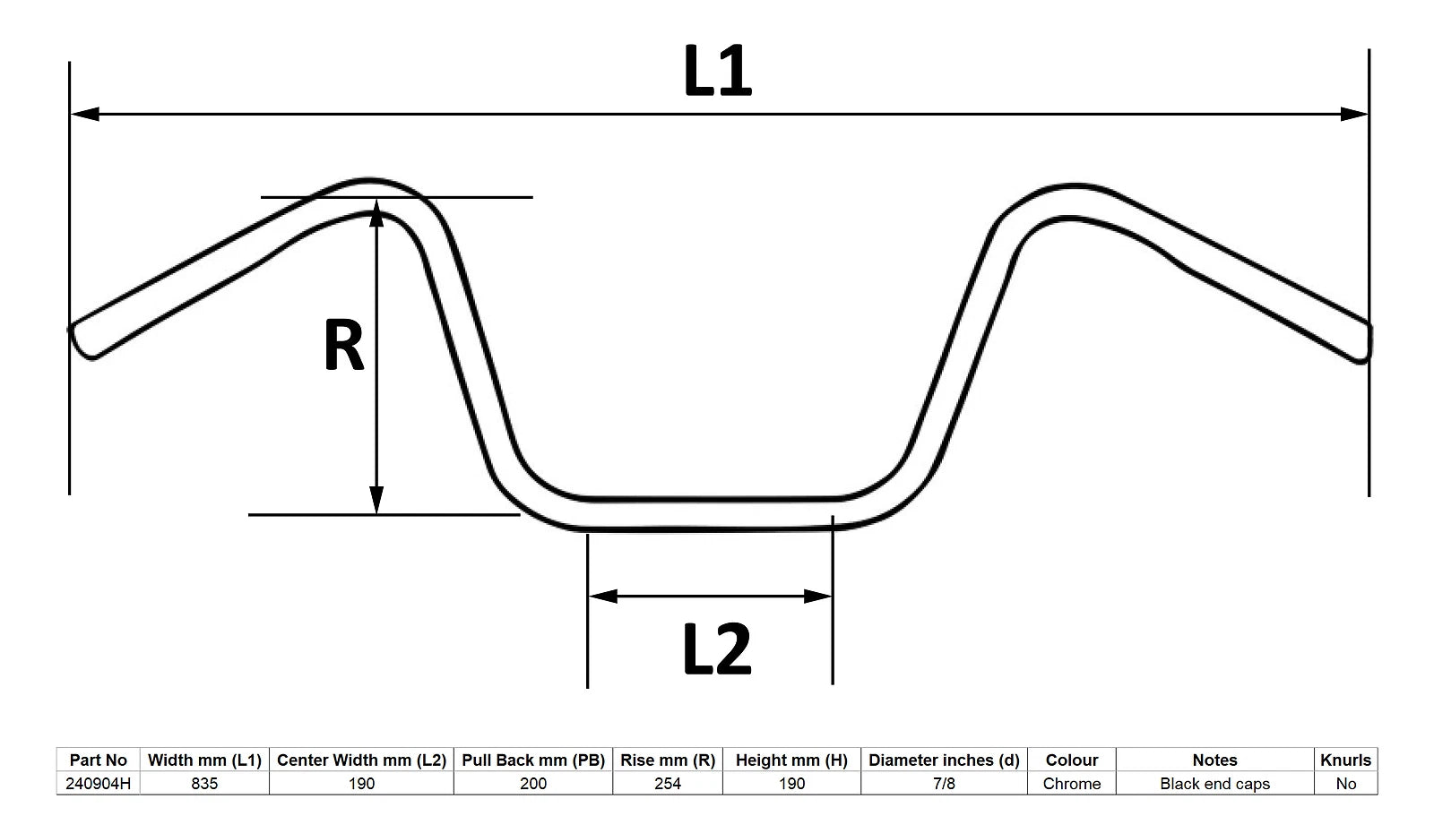 Handlebar Chrome 10" Rise Wide Bottom