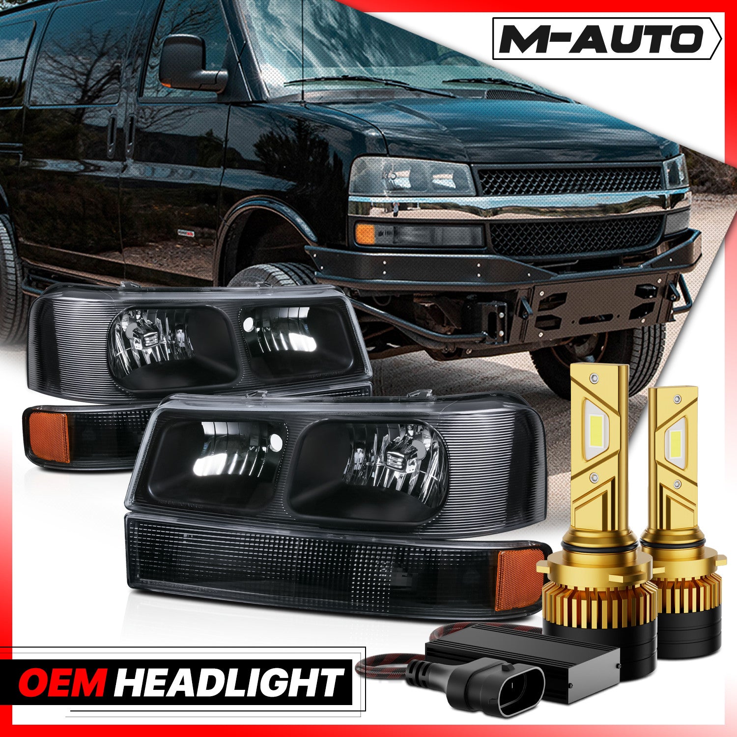 Black Headlight Set with Cooling Fan for Chevy Express