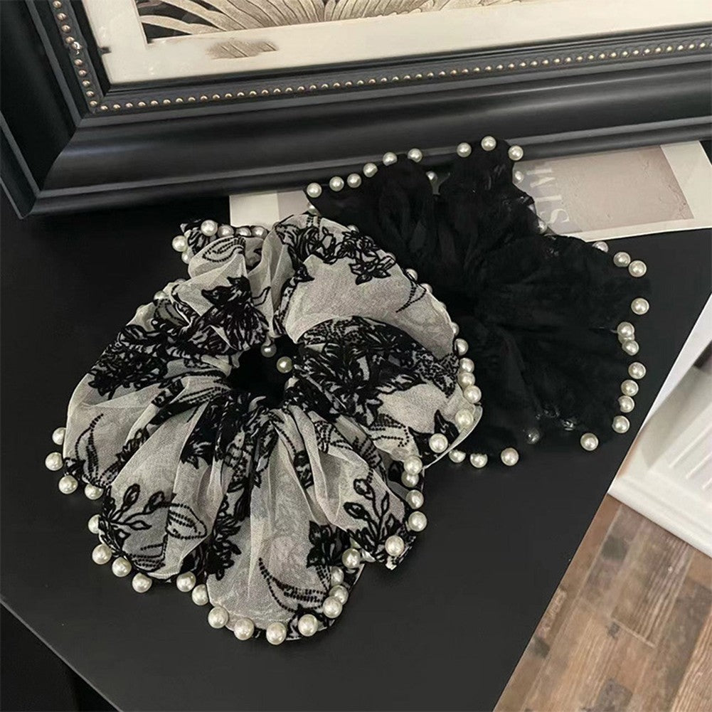 Embroidered Hair Tie Pearl Ponytail Holder