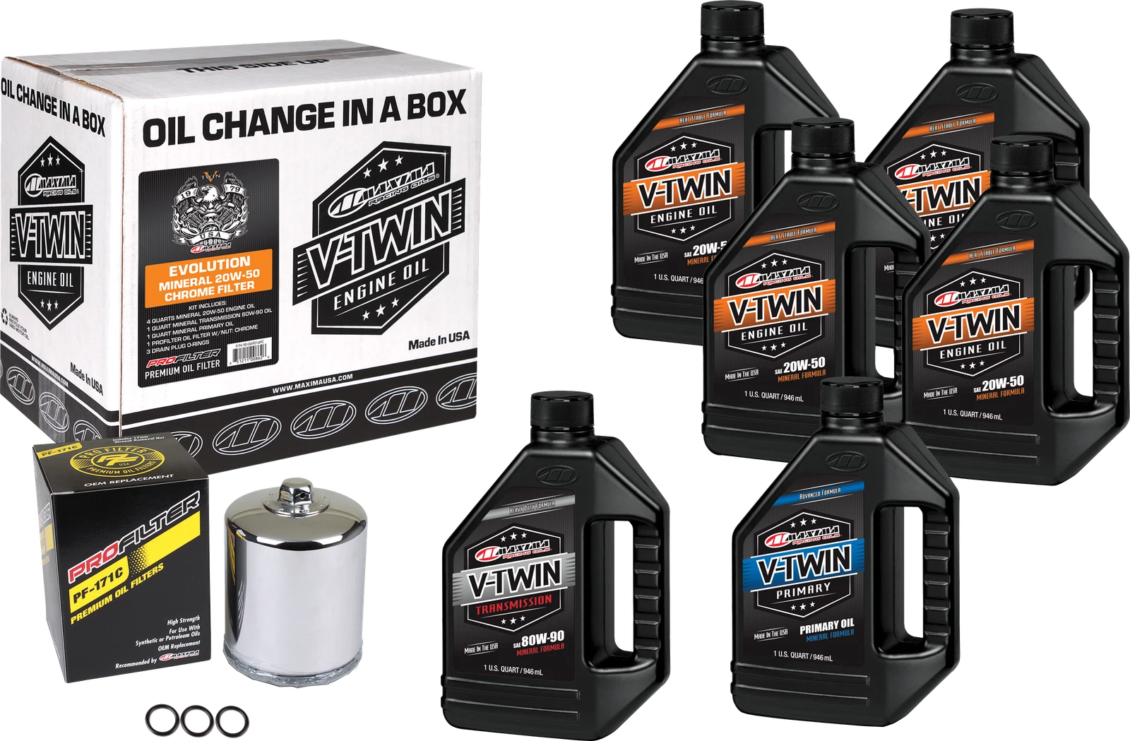 Maxima V-twin Oil Change Kit Mineral Evo Chrome Filter For