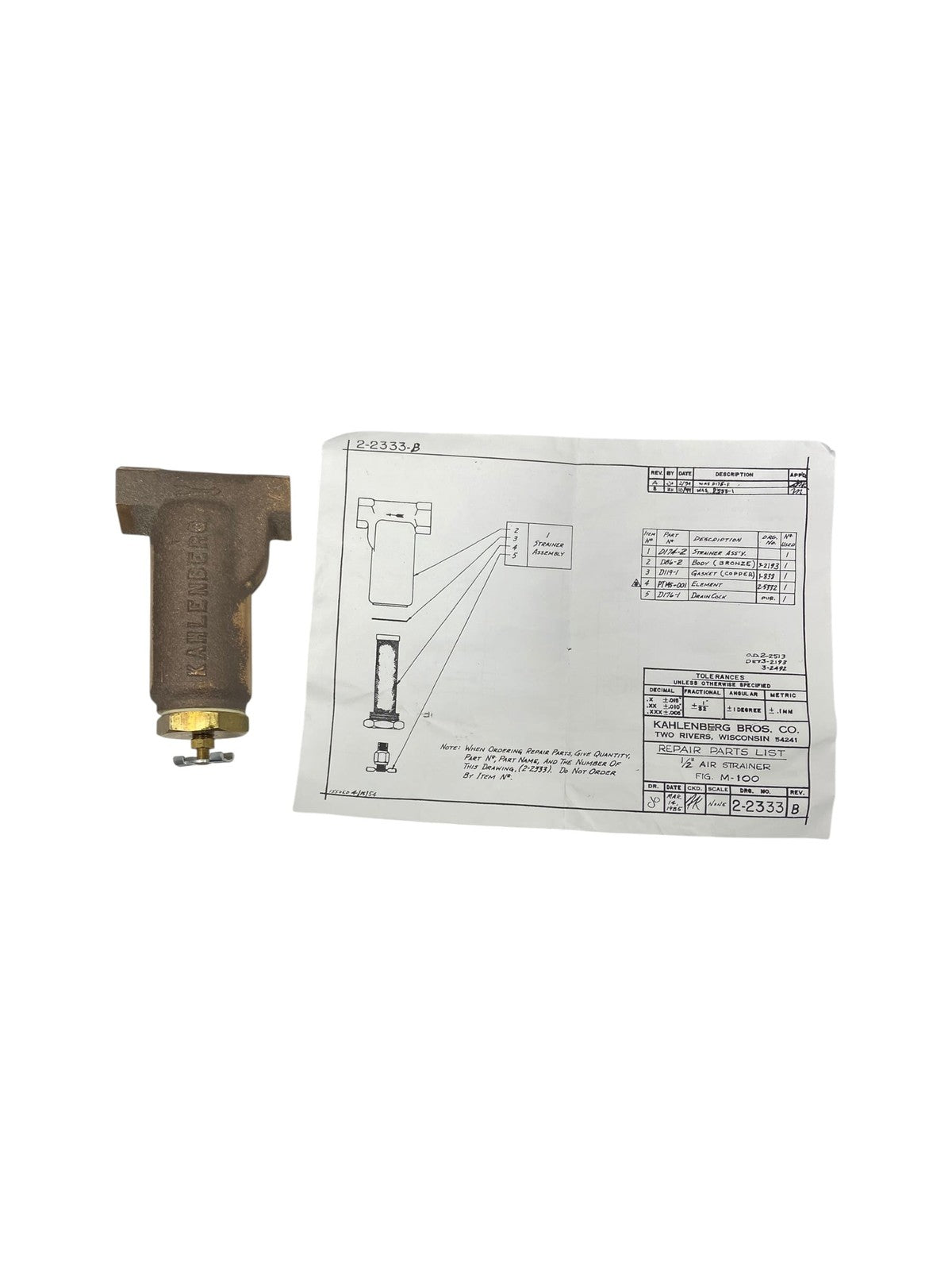 Kahlenberg M-100, Air Strainer / Moisture Trap 1/2" Npt, New Oem