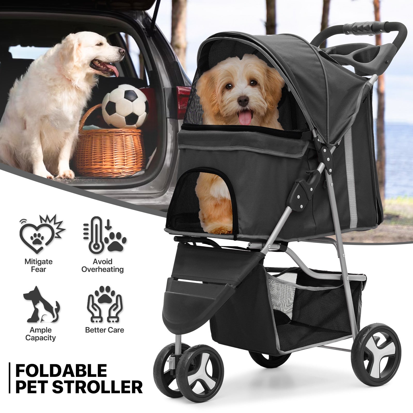 Black Foldable Dog Stroller Portable Jogging Pet Travel
