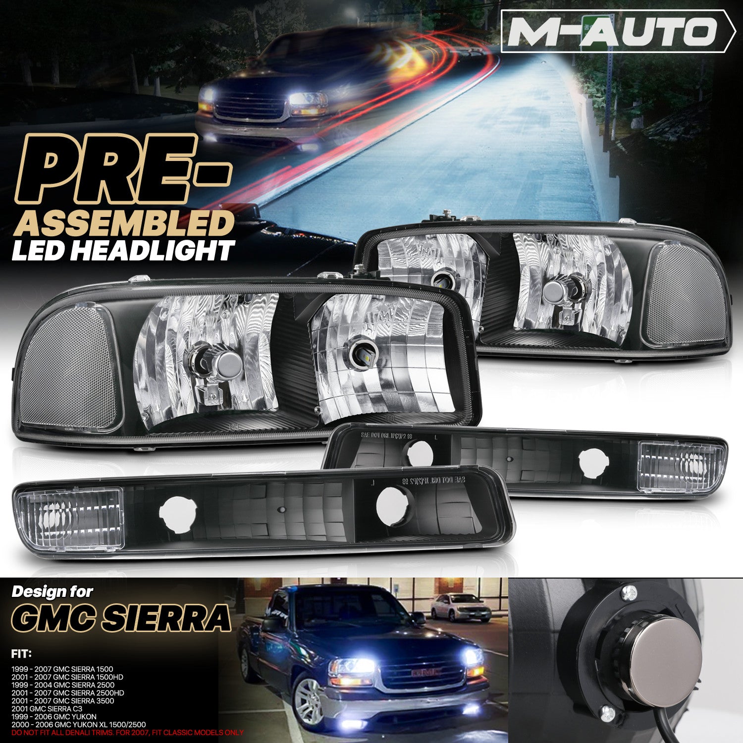 Pair L+R Headlight+Bumper w/6000K LED Bulb for 1999-200