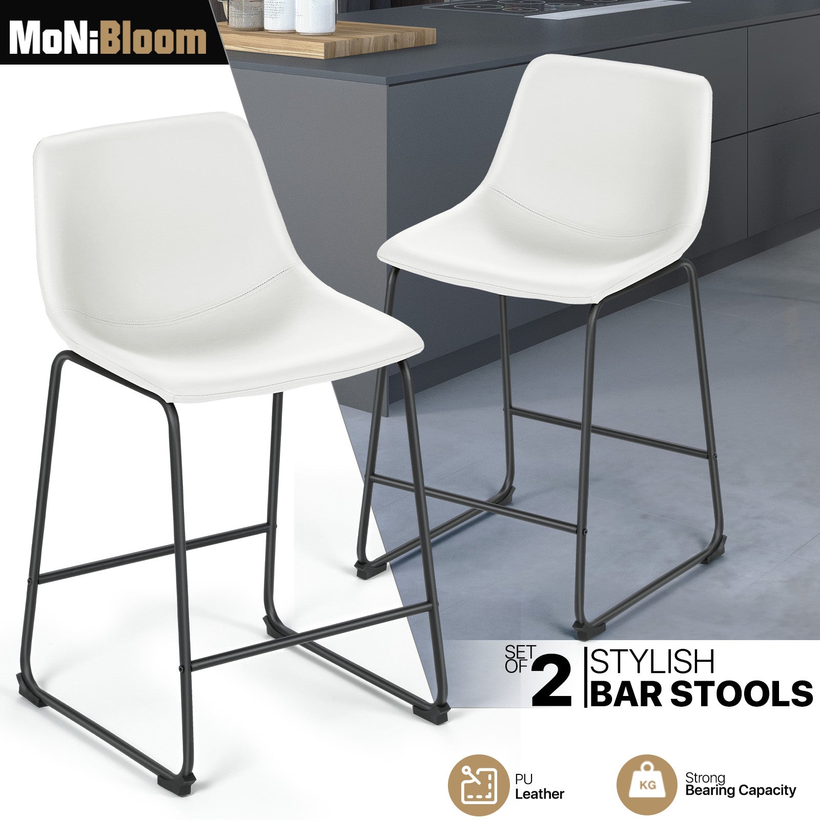Set of 2 PU Leather Bar Stools - Counter Height