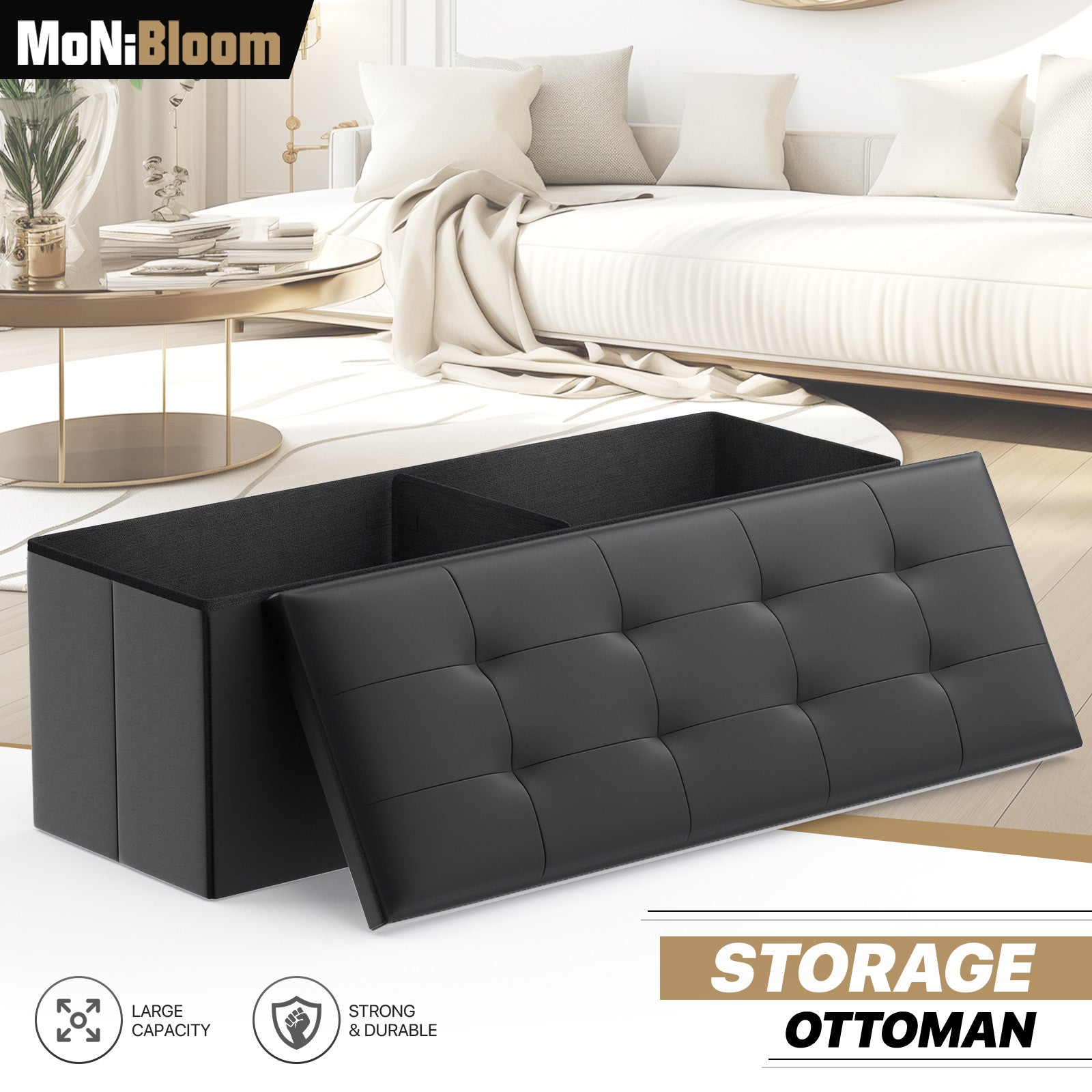 17" Beige Lift Top Storage Ottoman