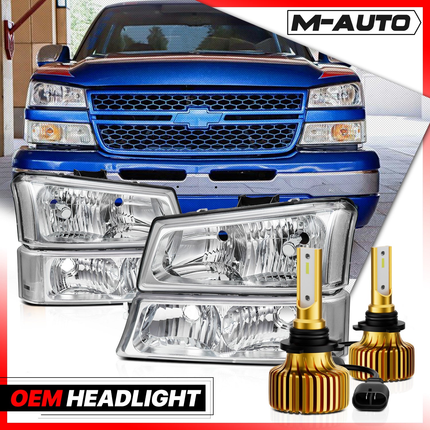 L+R Headlight & 6500K LED Bulbs for 01-06 GMC Yukon