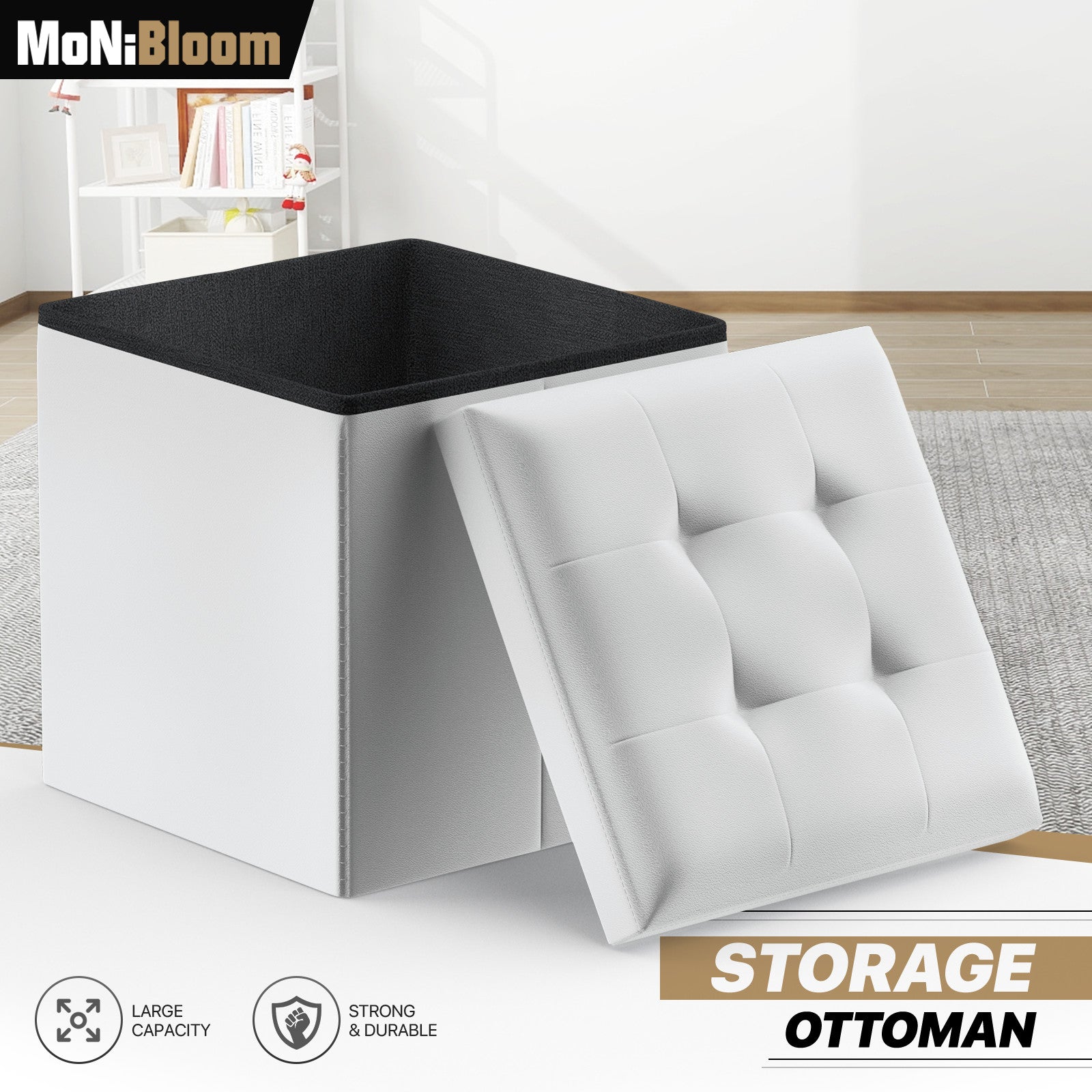 15" White Folding Storage Ottoman Foot Rest Stool Bench