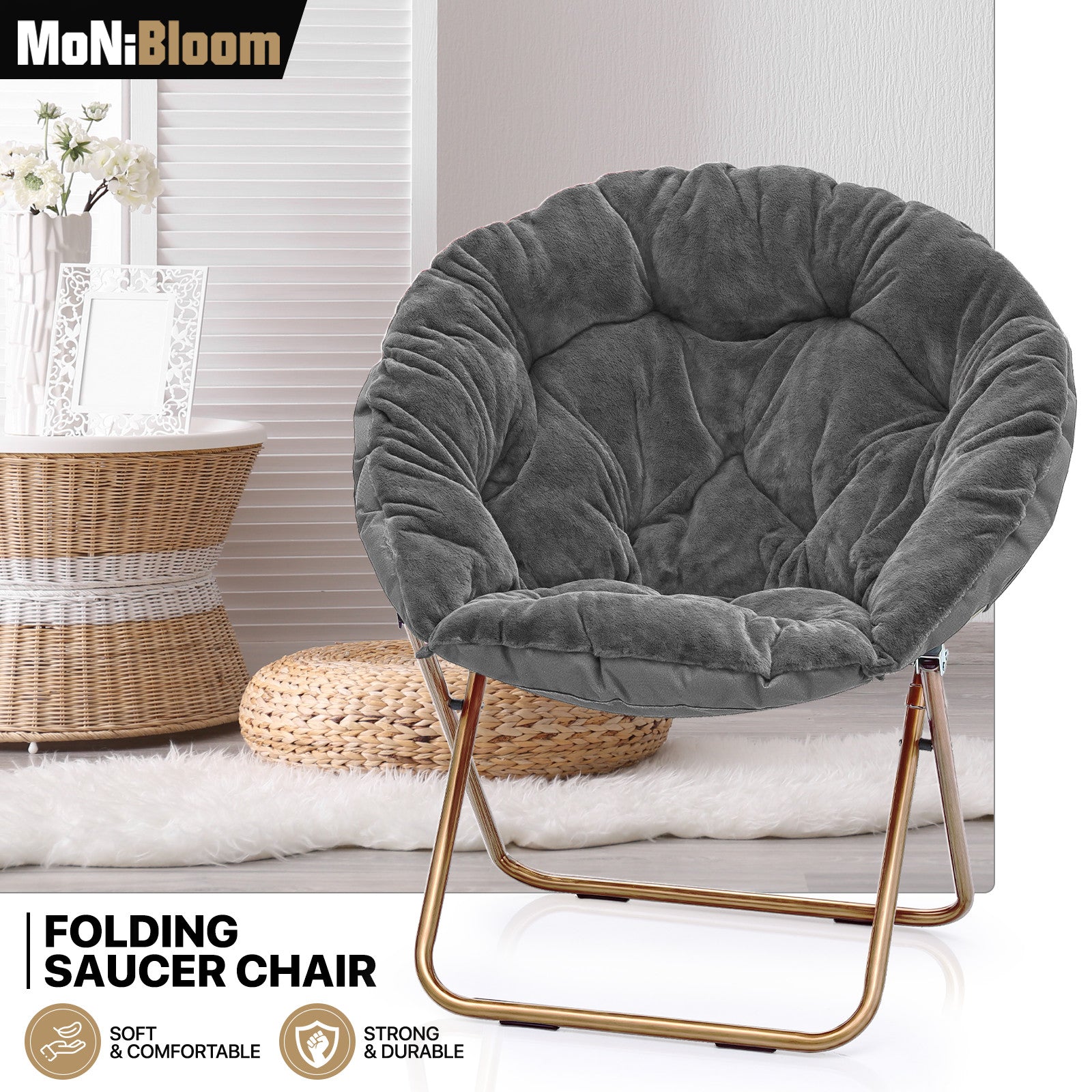 Grey 33" Round Foldable Saucer Chair Faux Fur Oversized