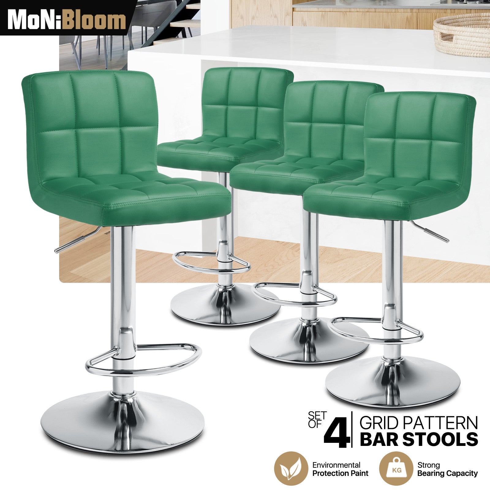 Green Adjustable Swivel Bar Stool Leather Seat