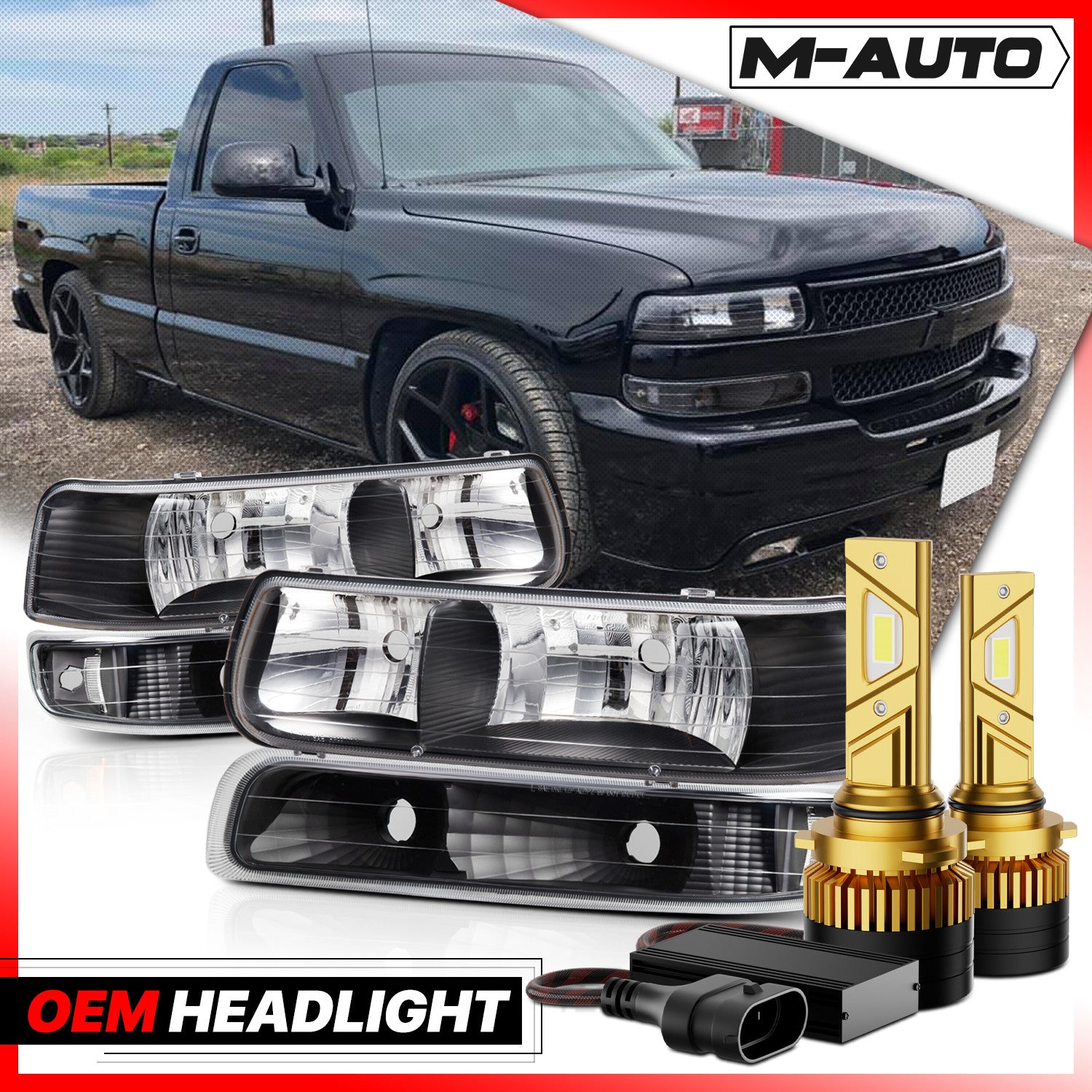 Headlight Set with 6500K LED Bulb for 99-06 Silverado