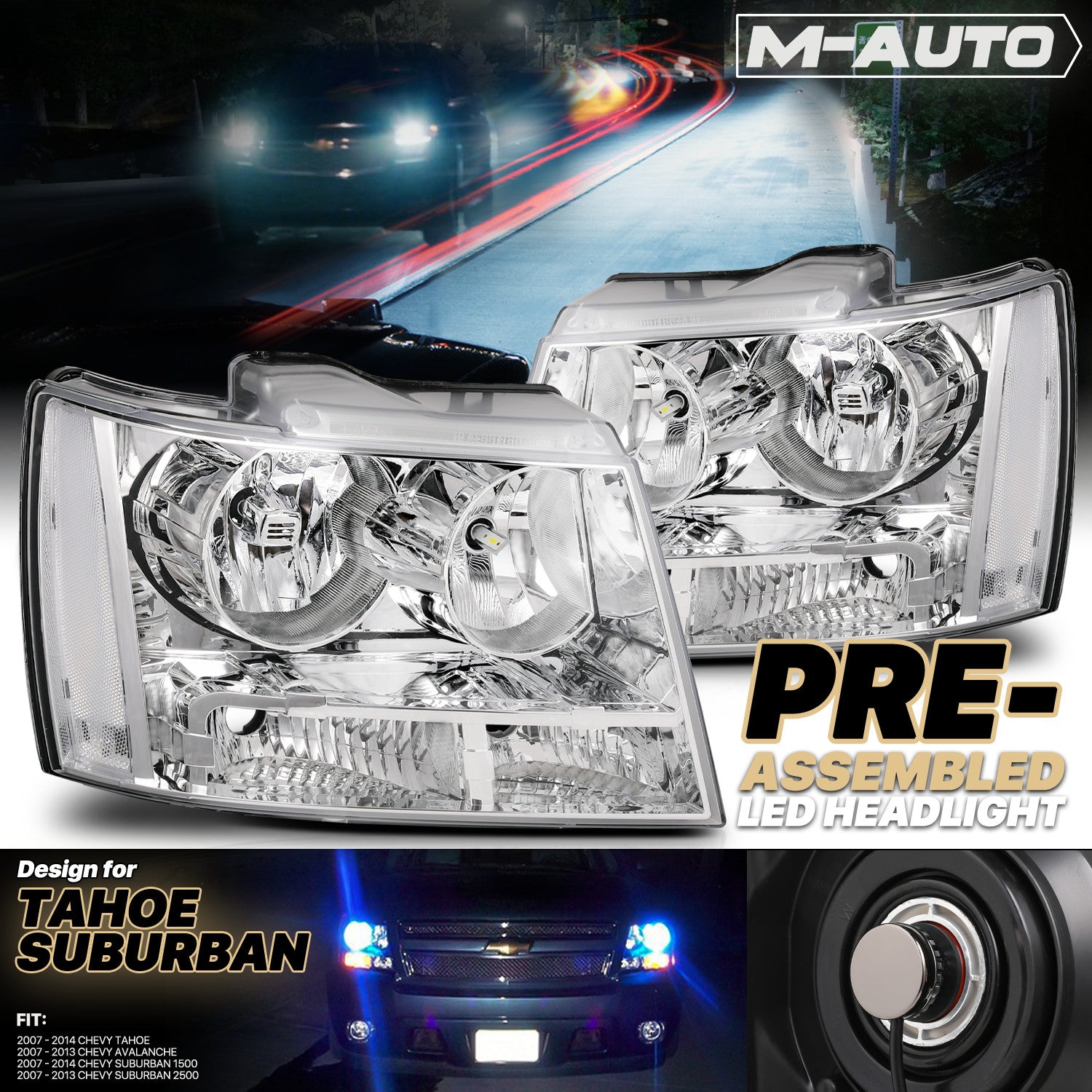 LH+RH Chrome Clear Headlight Lamp+6000K LED Bulb for 07