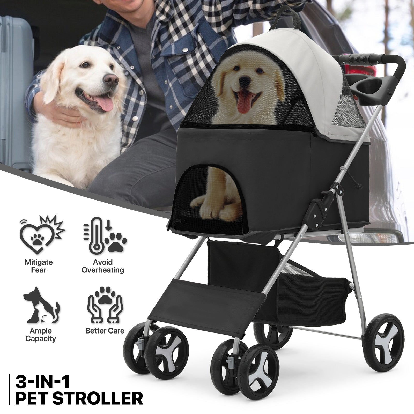 Folding Dog Stroller - Adjustable Canopy