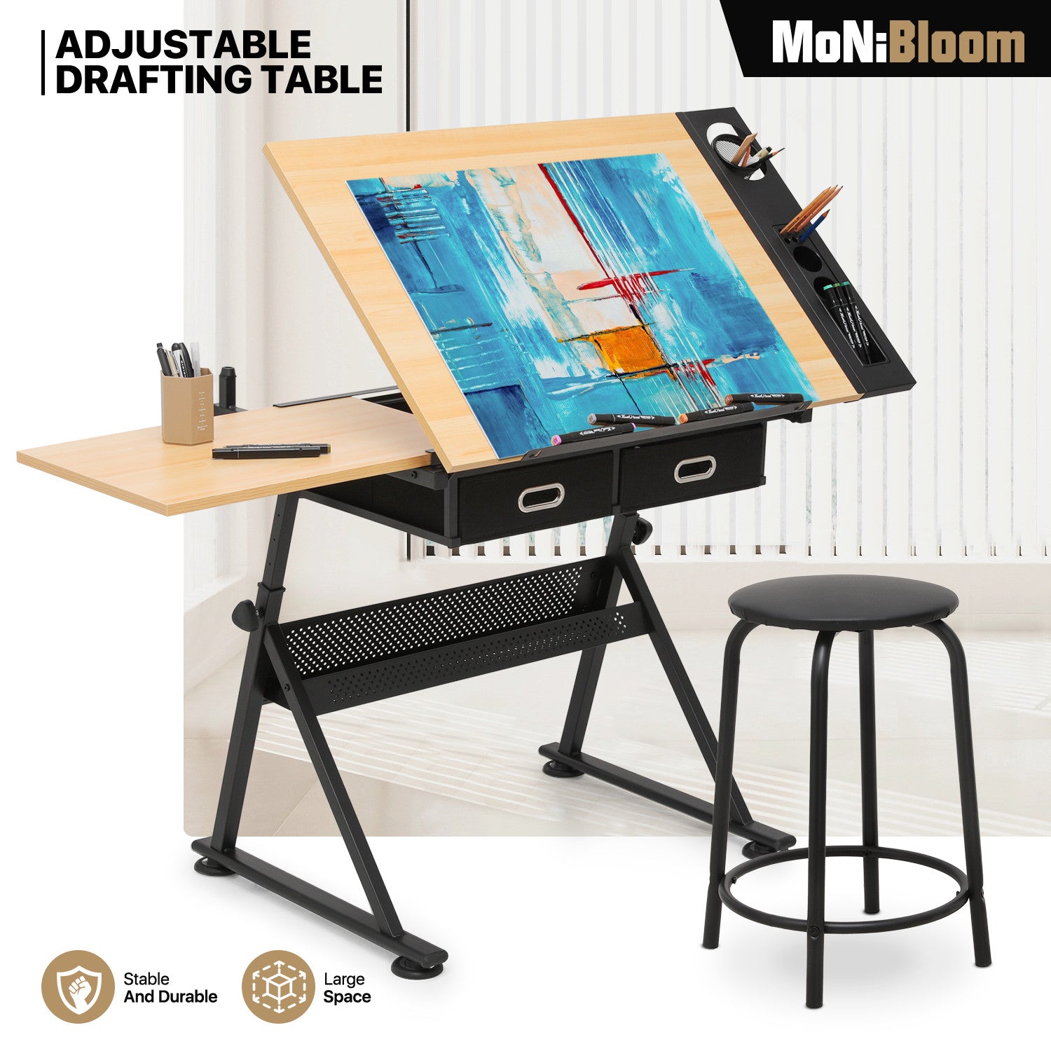 Adjustable Drafting Table with Stool