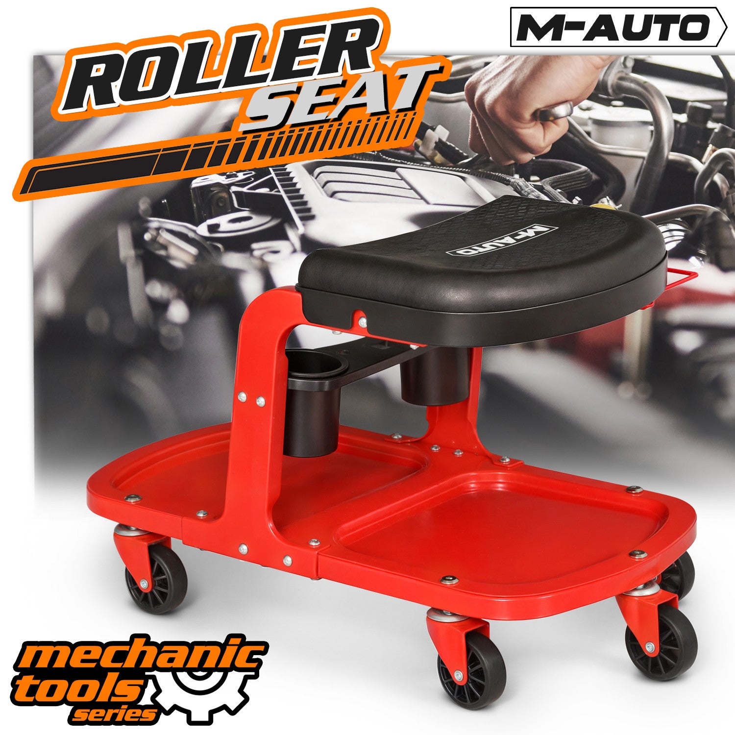 Red Rolling Shop Stool with Tools Tray