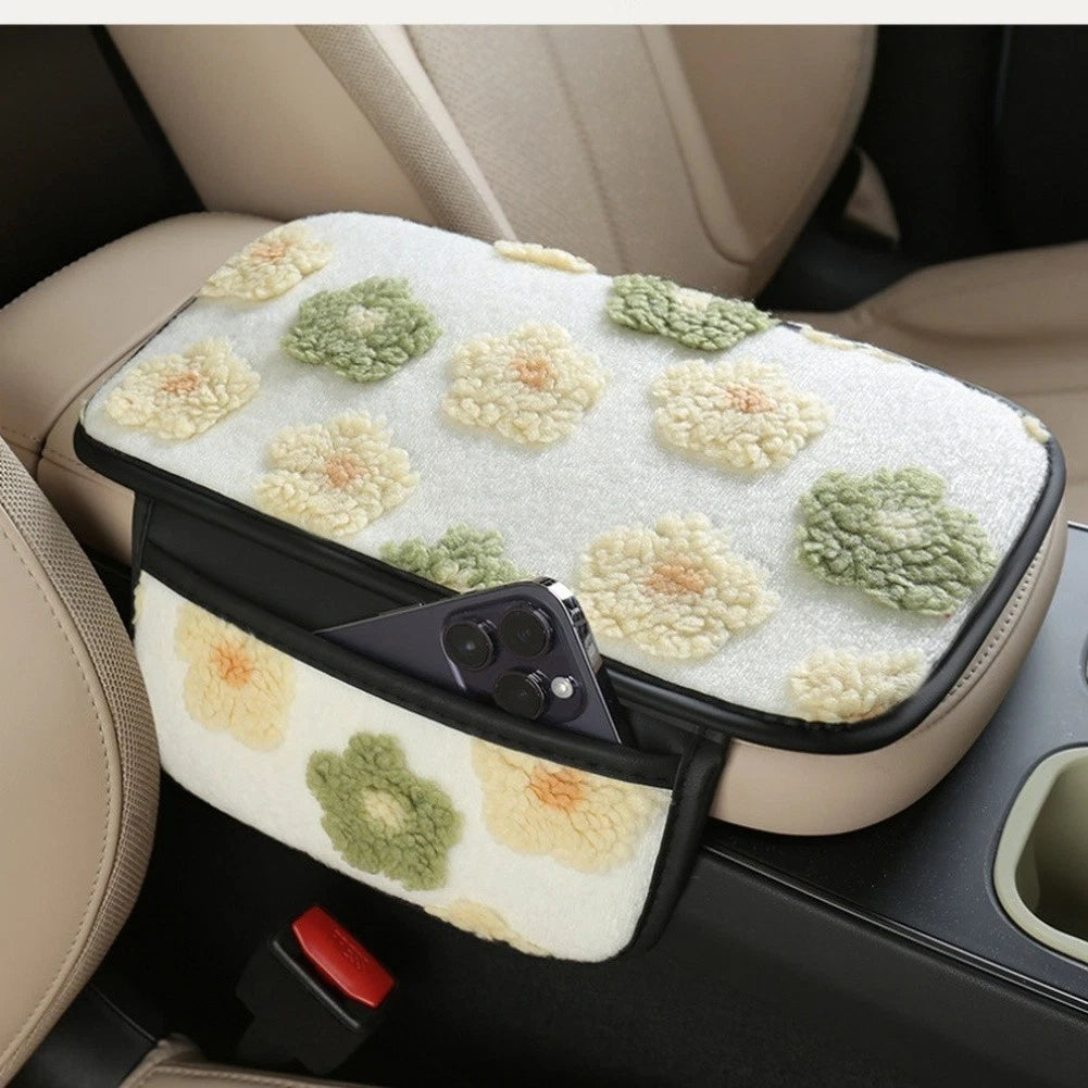 Womens Car Armrest Cover Plush Fleece Winter Floral Style With
