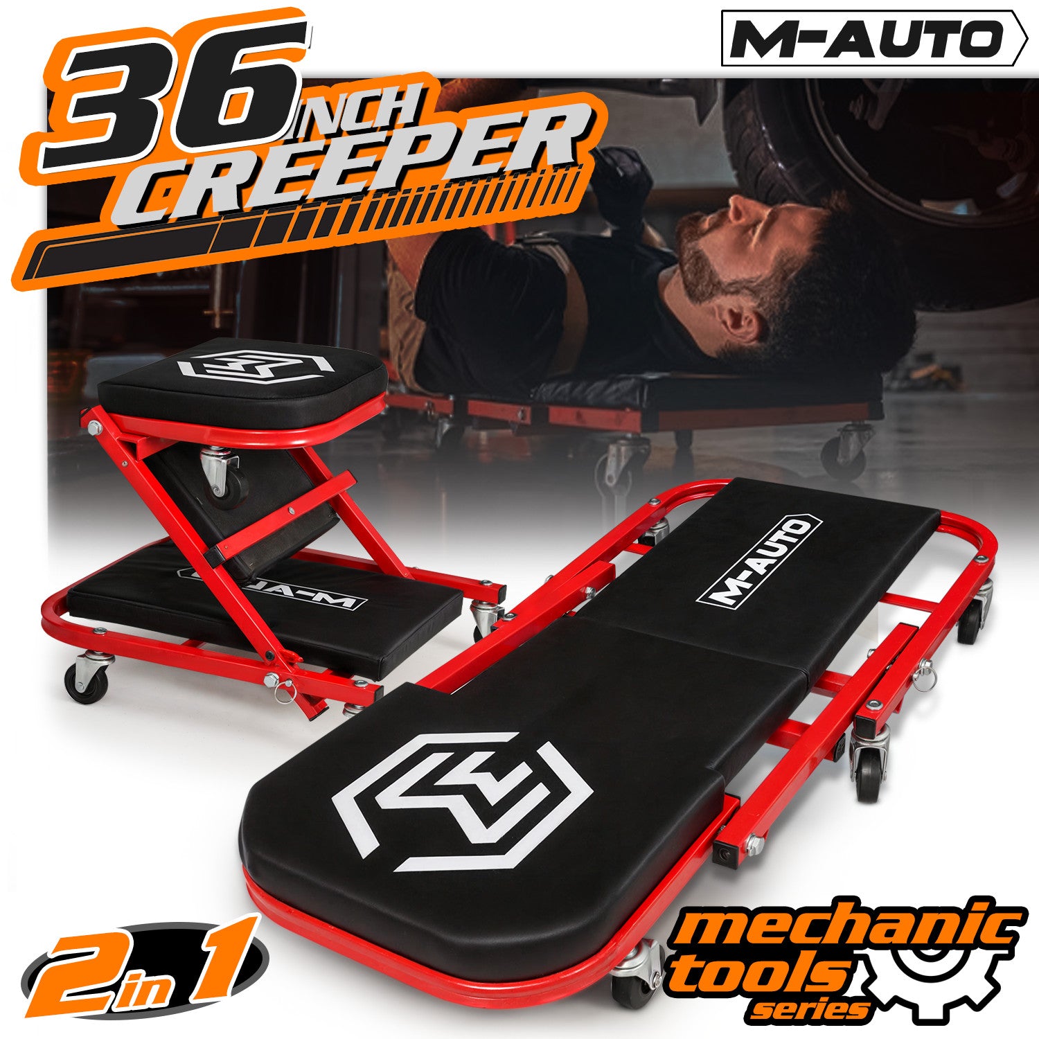 36" Red Foldable Mechanic Creeper Stool