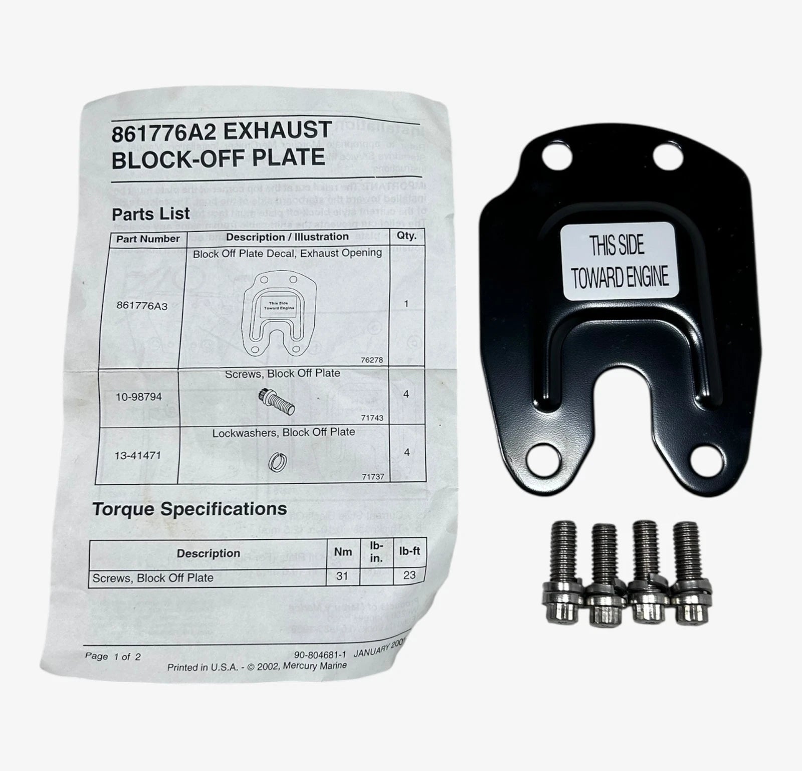 Mercury Marine 861776a2, Exhaust Block - Off Plate , Oem