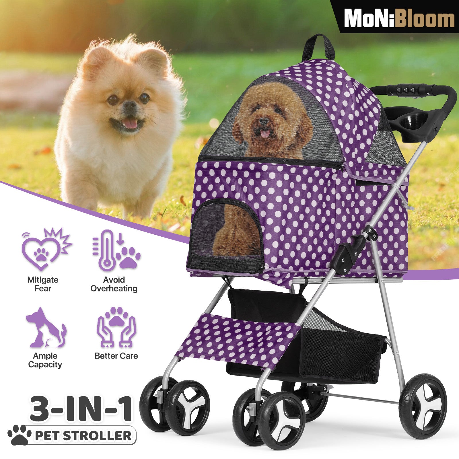 3-in-1 Pet Stroller with Storage Basket
