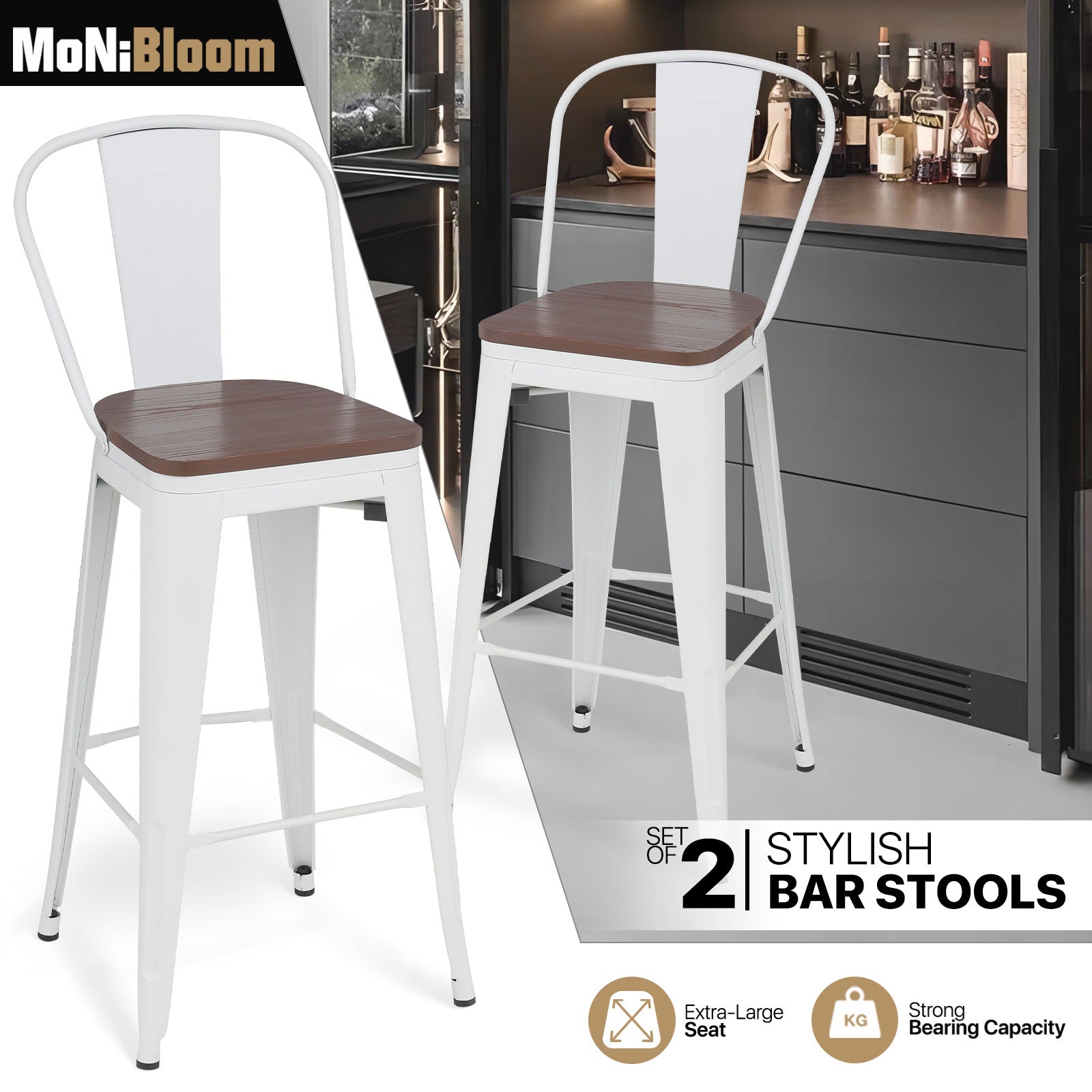 Set of White Bar Stools with Wooden Seat