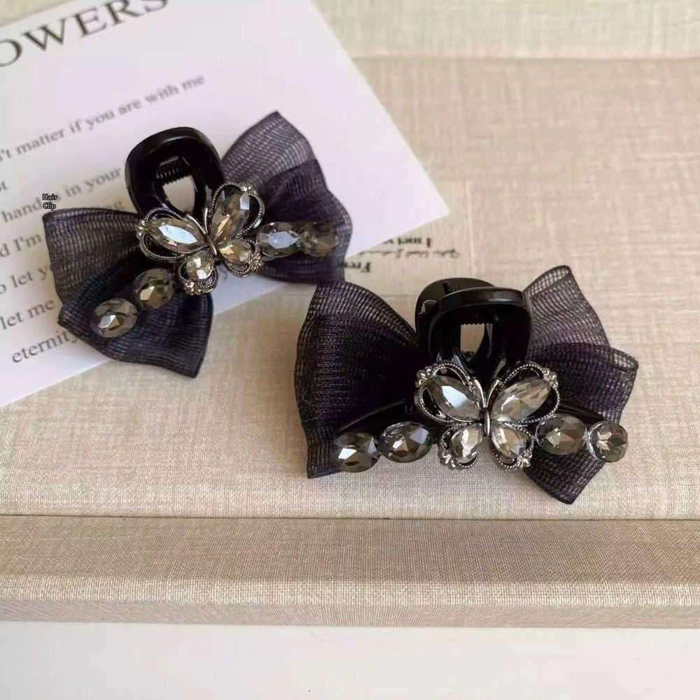 Black Mesh Bow Hair Clip with Rhinestone