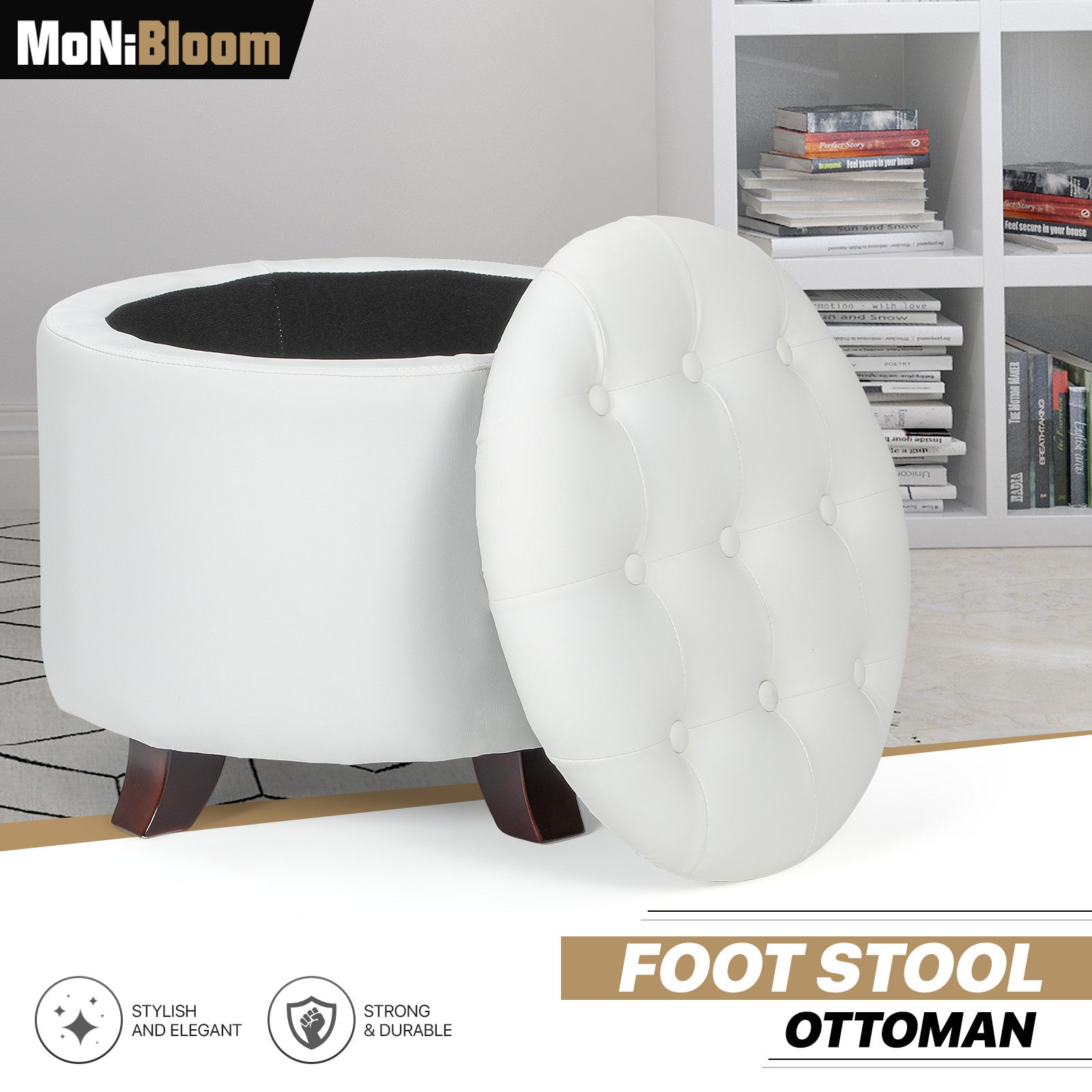 17" White Round Storage Ottoman