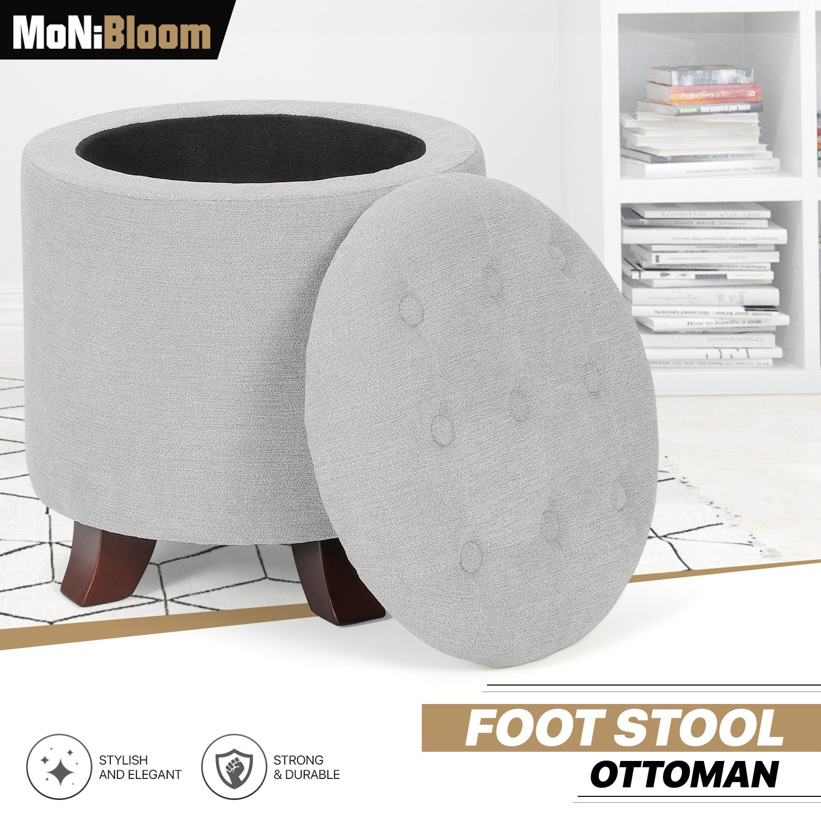 17" Gray Tufted Round Storage Ottoman