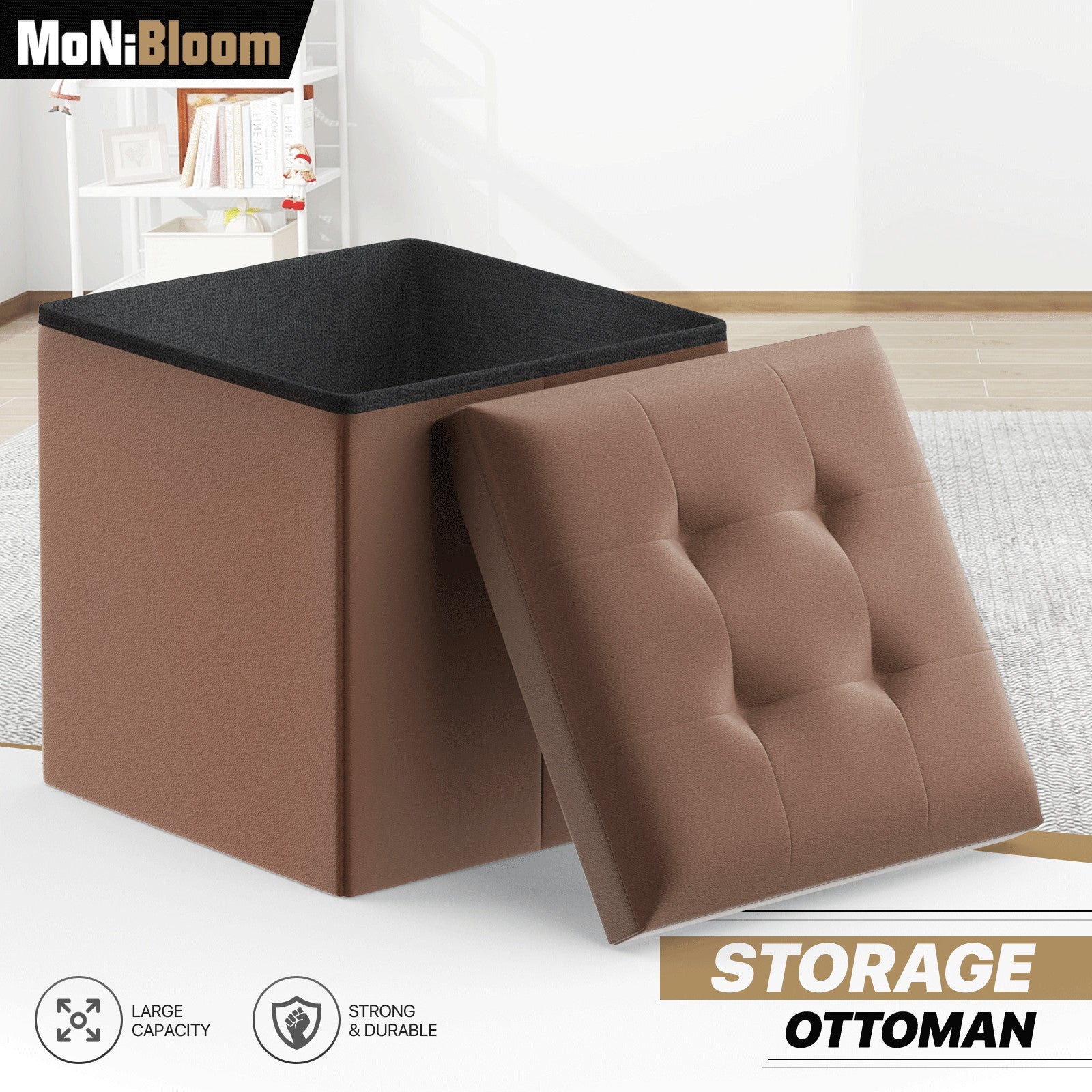 Faux Leather Brown Storage Ottoman - Cube