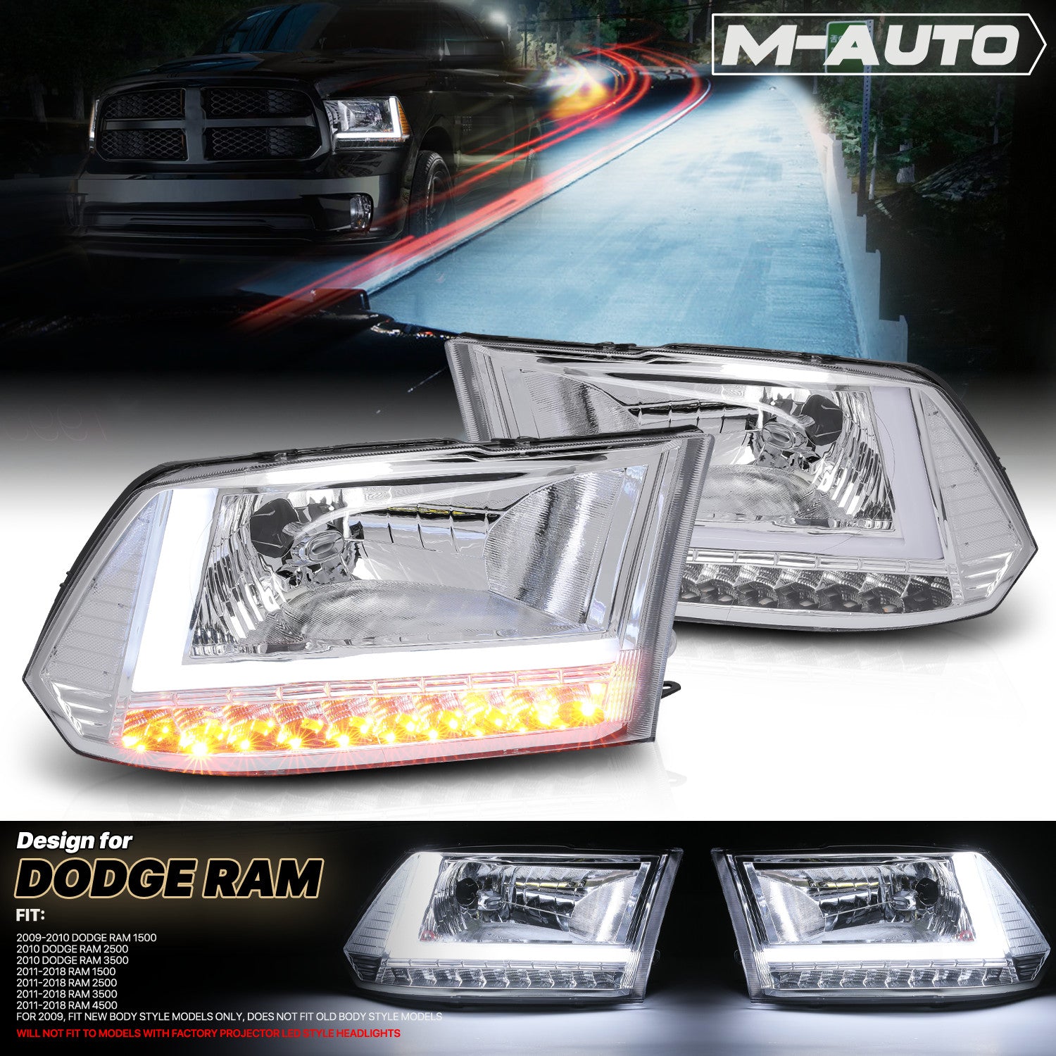 Chrome Clear Headlight Lamp for 09-18 Ram 1500
