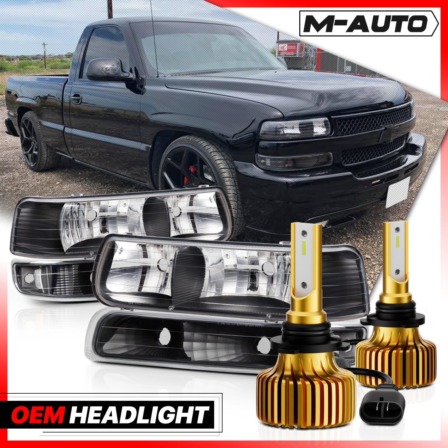 Left+Right Black Headlight+Bumper w/6500K LED Bulb for