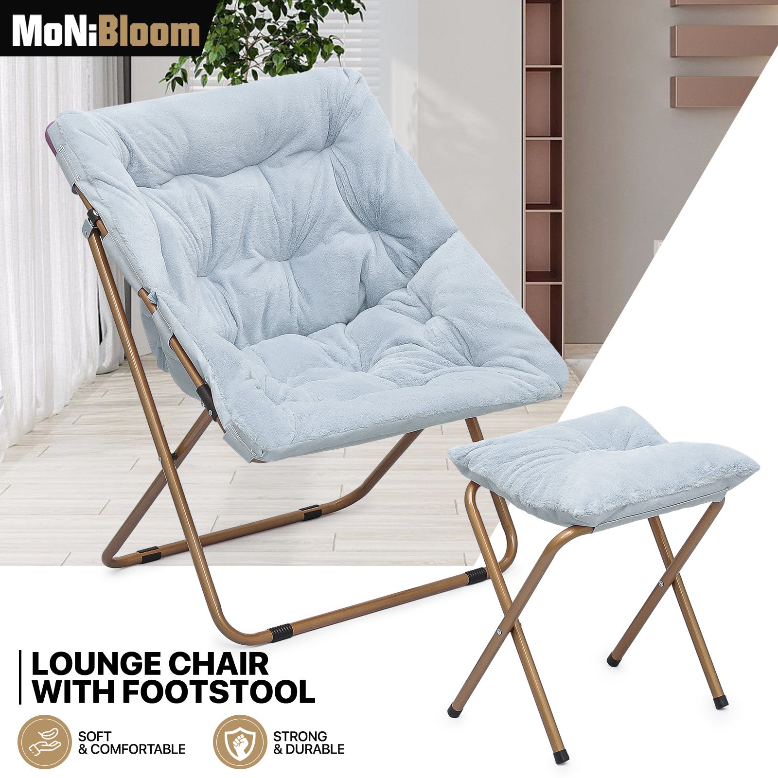 Blue Folding Saucer Cozy Chair with Ottoman
