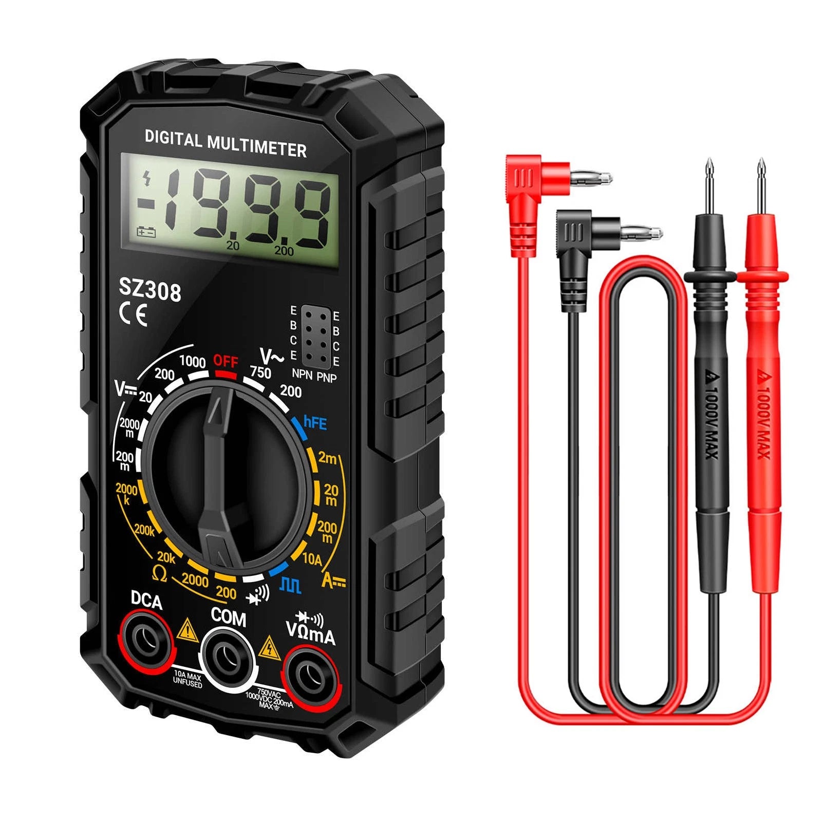 Digital Multimeter With Probes For Ac Dc Voltage Current Resistance