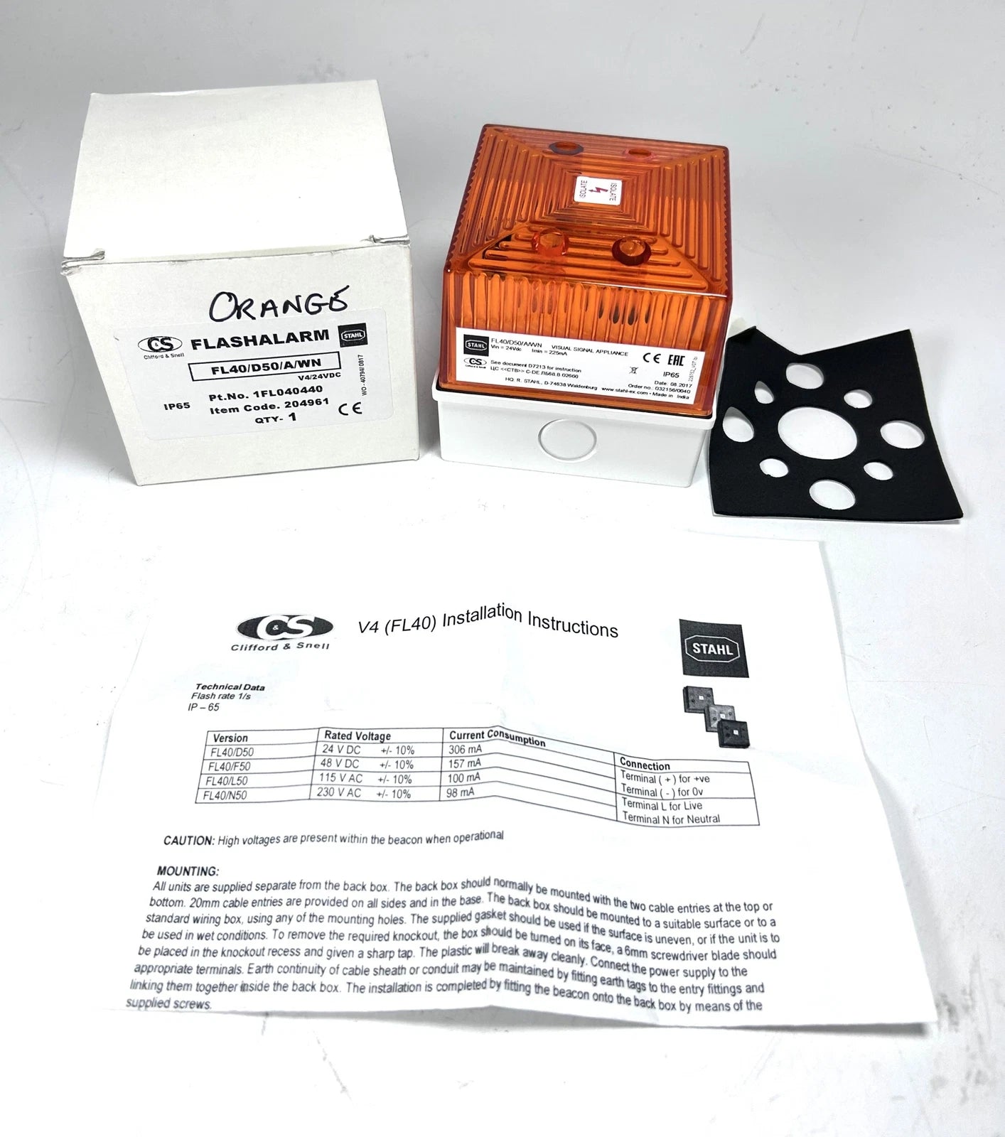 '-New- Clifford & Snell 1fl040440, Fl40/d50 Orange Alarm Flash Light